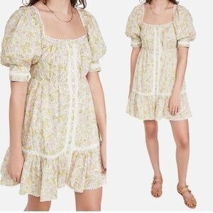 Love The Label Dress Floral Green Pink Short Puff Sleeve Buttons Cottagecore NWT